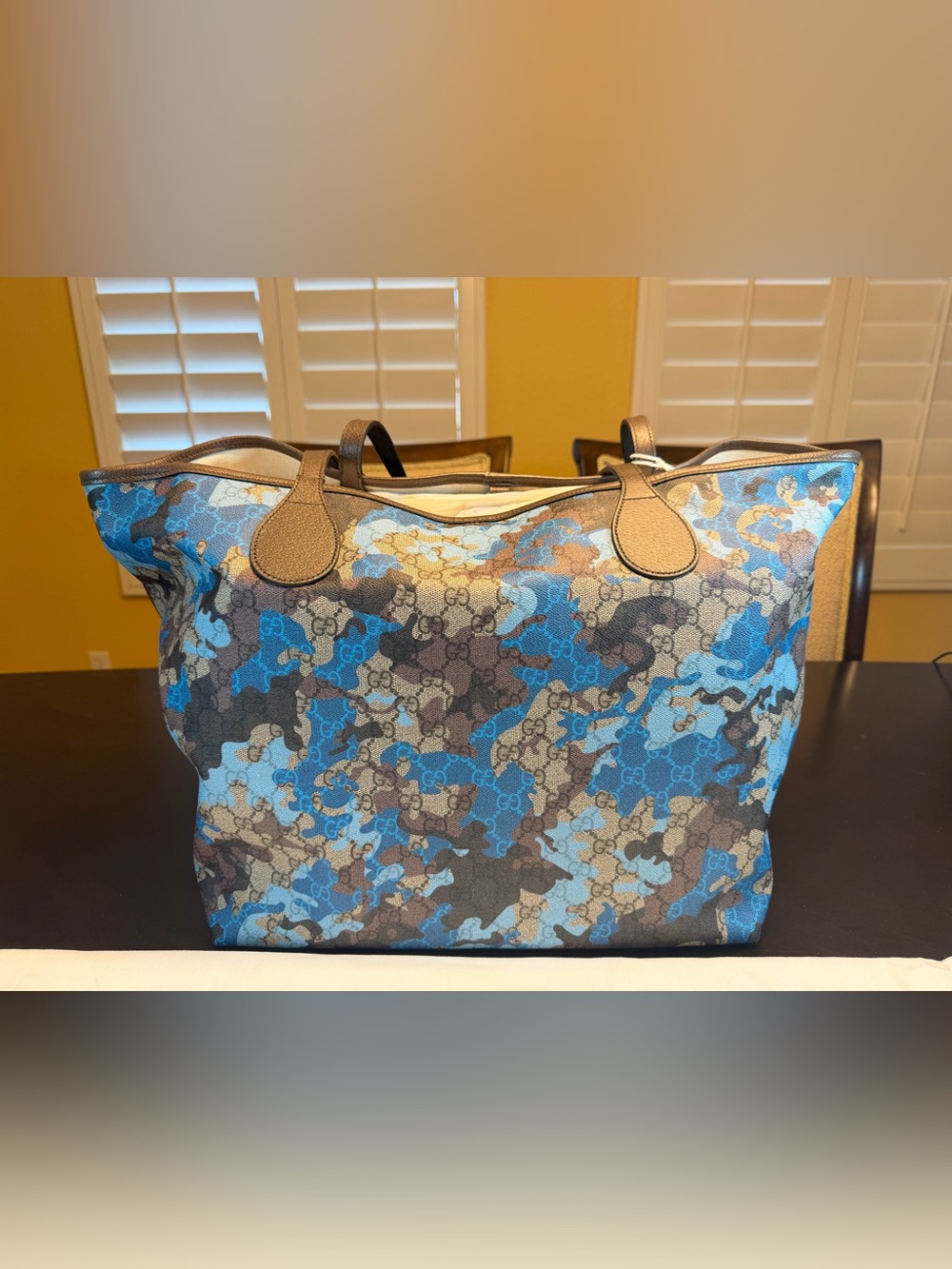 New Authentic Gucci GG Supreme Logo Tote Bag and Pouch Blue Brown Large - Picture 7 of 16